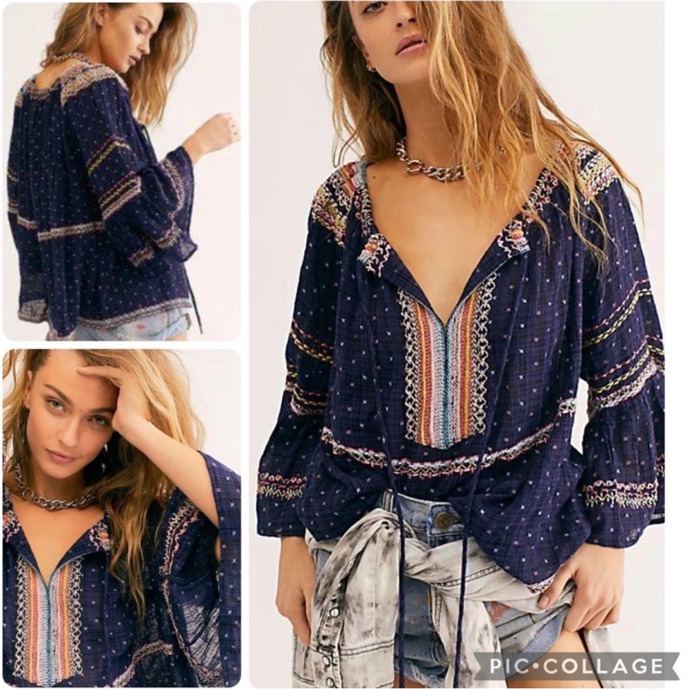 Free People Talia Embroidered Peasant Blouse Starless Sky‎ Small NWT Boho Gauzy
